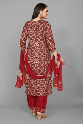 Kasee Dark Maroon Fancy Straight A-Line Kurti WIth Bandhni Print & Embroidery Work With Dupatta 4