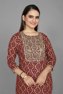 Kasee Dark Maroon Fancy Straight A-Line Kurti WIth Bandhni Print & Embroidery Work With Dupatta 5