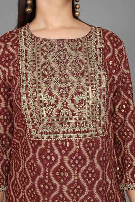 Kasee Dark Maroon Fancy Straight A-Line Kurti WIth Bandhni Print & Embroidery Work With Dupatta 6