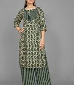 Kasee Leaf Green Fancy Straight A-Line Kurti WIth Print & Embroidery Work With Pyjama