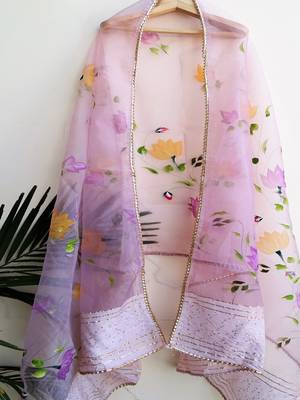 Womens Organza hand painted Light Pink dupatta with gota & sequins work 1