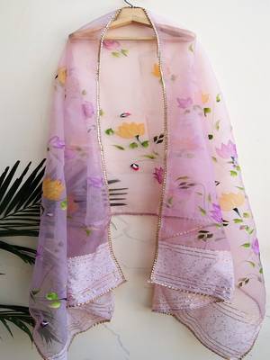 Womens Organza hand painted Light Pink dupatta with gota & sequins work 2