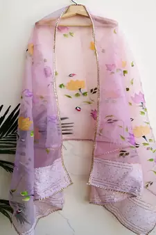 Womens Organza hand painted Light Pink dupatta with gota & sequins work