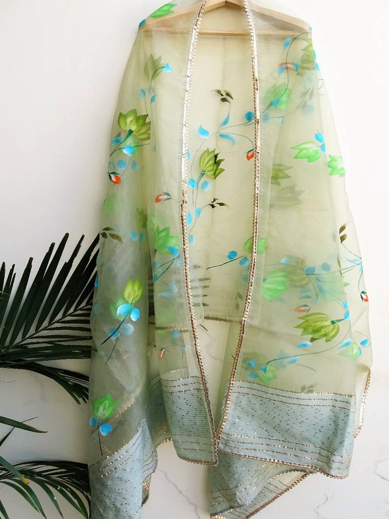 Organza hand painted Light green women duppatta with gota & sequins work