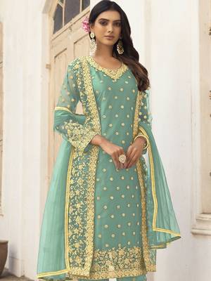 Sea-green embroidered net salwar 2
