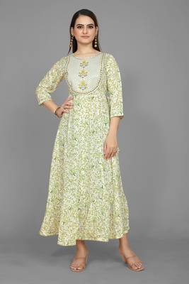 Kasee Creamy Off White Fancy Straight Anarkali Kurti WIth Flower Print & Embroidery Work 1