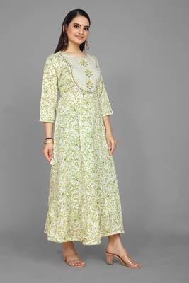 Kasee Creamy Off White Fancy Straight Anarkali Kurti WIth Flower Print & Embroidery Work 2