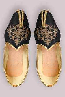 Raw Silk Mojari in Black with Zari work