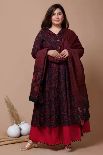  Womens Plus Size Maroon Printed Cotton Anarkali Kurta & Dupatta