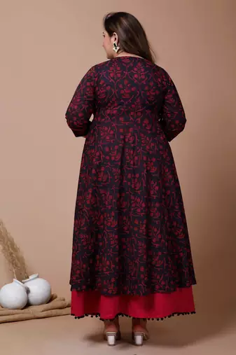  Womens Plus Size Maroon Printed Cotton Anarkali Kurta & Dupatta