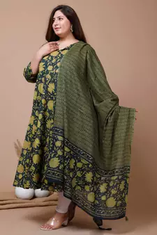  Womens Plus Size Green Printed Cotton Anarkali Kurta & Dupatta