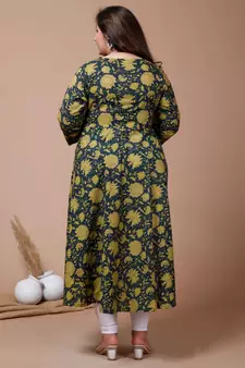  Womens Plus Size Green Printed Cotton Anarkali Kurta & Dupatta