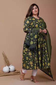 Womens Plus Size Green Printed Cotton Anarkali Kurta & Dupatta