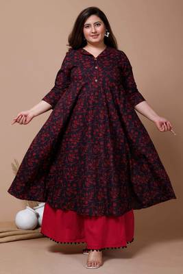  Womens Plus Size Maroon Floral Printed Anarkali Kurta 1