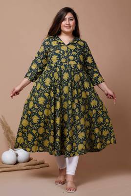  Womens Plus Size Green Floral Printed Anarkali Kurta 1
