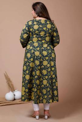  Womens Plus Size Green Floral Printed Anarkali Kurta 4