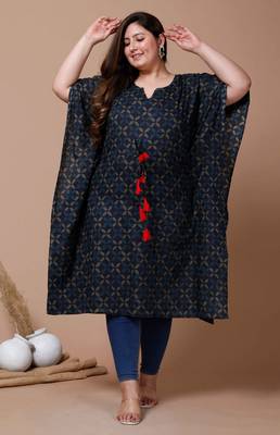  Womens Plus Size Blue Geomatric Printed Flared Sleeves Kaftan Kurta 1
