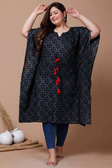  Womens Plus Size Blue Geomatric Printed Flared Sleeves Kaftan Kurta