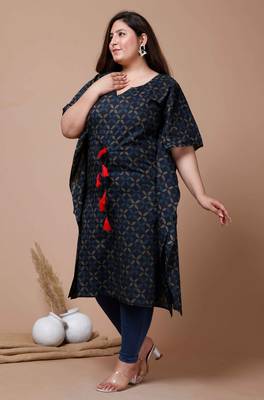  Womens Plus Size Blue Geomatric Printed Flared Sleeves Kaftan Kurta 2