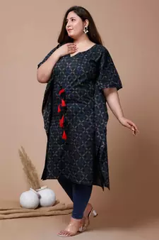  Womens Plus Size Blue Geomatric Printed Flared Sleeves Kaftan Kurta