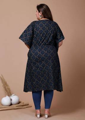  Womens Plus Size Blue Geomatric Printed Flared Sleeves Kaftan Kurta 3