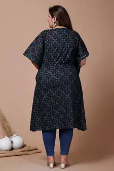  Womens Plus Size Blue Geomatric Printed Flared Sleeves Kaftan Kurta