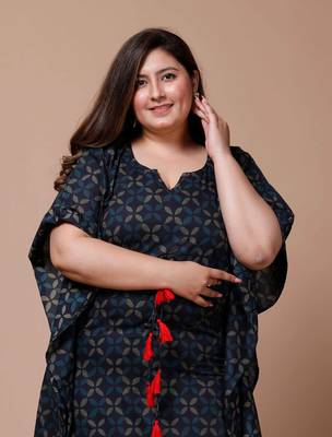  Womens Plus Size Blue Geomatric Printed Flared Sleeves Kaftan Kurta 5