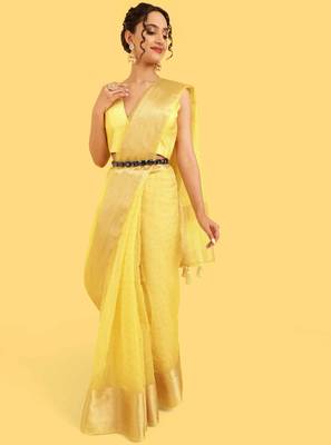 DUNGRANI YELLOW ORGANZA CHEX SAREE 1