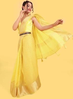 DUNGRANI YELLOW ORGANZA CHEX SAREE 2