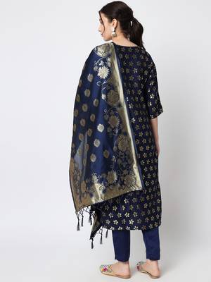 Navy-blue jacquard cotton silk Kurta Pant With Dupatta 2