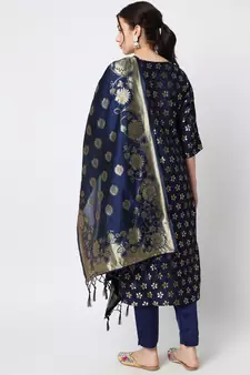Navy-blue jacquard cotton silk Kurta Pant With Dupatta