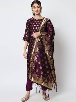 Purple jacquard cotton silk Kurta Pant With Dupatta 1