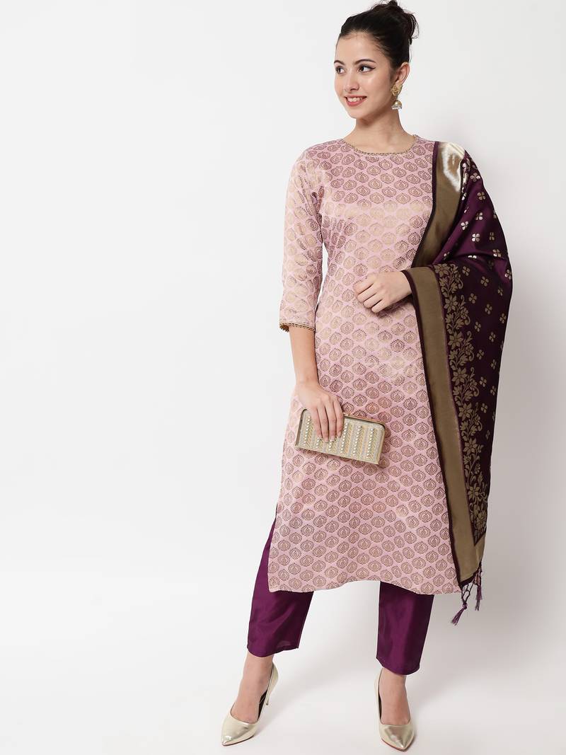 Baby-pink jacquard cotton silk salwar