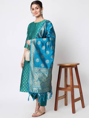 Aqua-blue jacquard cotton silk Kurta Pant With Dupatta 1