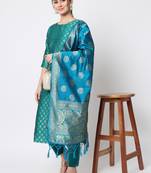 Aqua-blue jacquard cotton silk Kurta Pant With Dupatta