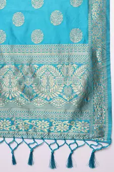 Aqua-blue jacquard cotton silk Kurta Pant With Dupatta