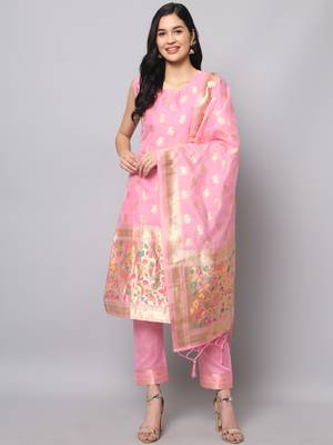 Baby-pink jacquard cotton silk Kurta Pant With Dupatta 1