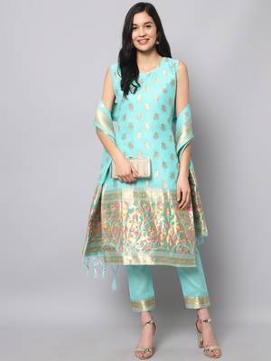 Aqua-blue jacquard cotton silk Kurta Pant With Dupatta 1