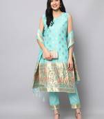 Aqua-blue jacquard cotton silk Kurta Pant With Dupatta