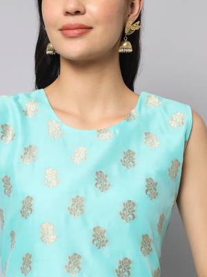 Aqua-blue jacquard cotton silk Kurta Pant With Dupatta 2