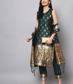 Dark-green jacquard cotton silk Kurta Pant With Dupatta
