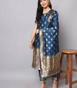 Navy-blue jacquard cotton silk Kurta Pant With Dupatta