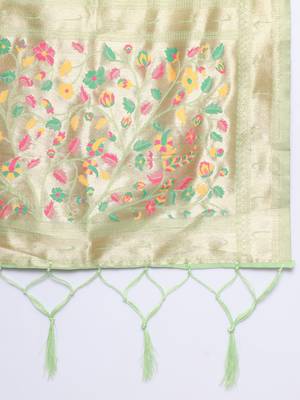 Parrot-green jacquard cotton silk Kurta Pant With Dupatta 3