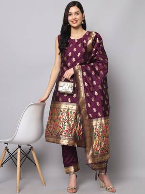 Purple jacquard cotton silk Kurta Pant With Dupatta 1