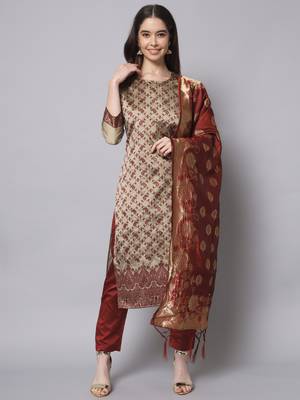 Maroon jacquard cotton silk Kurta Pant With Dupatta 1
