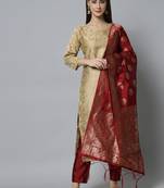 Beige jacquard cotton silk Kurta Pant With Dupatta