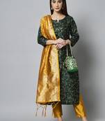 Dark-green jacquard cotton silk Kurta Pant With Dupatta