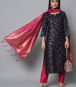 Navy-blue jacquard cotton silk Kurta Pant With Dupatta