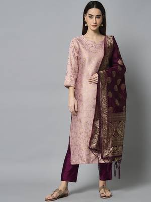 Baby-pink jacquard cotton silk Kurta Pant With Dupatta 1