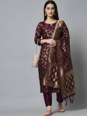Purple jacquard cotton silk Kurta Pant With Dupatta 1